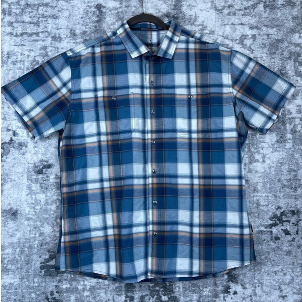 KÜHL Men Shirt XL Blue Orange Plaid Short Sleeve Button Up‎ Nylon Hiking Outdoor